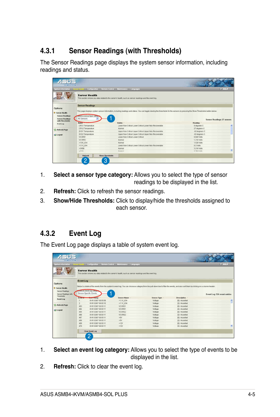 1 sensor readings (with thresholds), 2 event log | Asus ASMB4-iKVM User Manual | Page 65 / 84