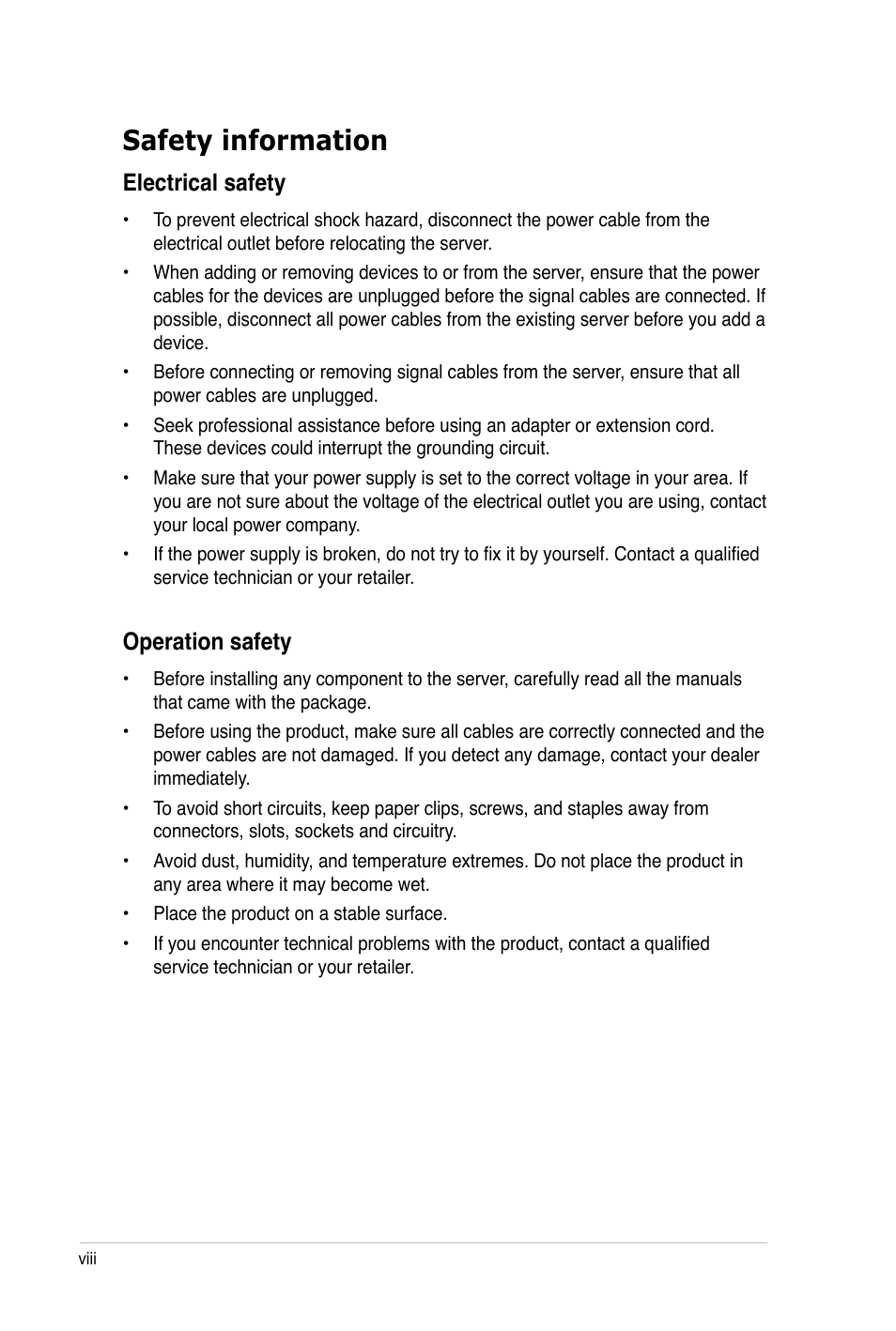 Safety information, Electrical safety, Operation safety | Asus ASMB4-iKVM User Manual | Page 8 / 84