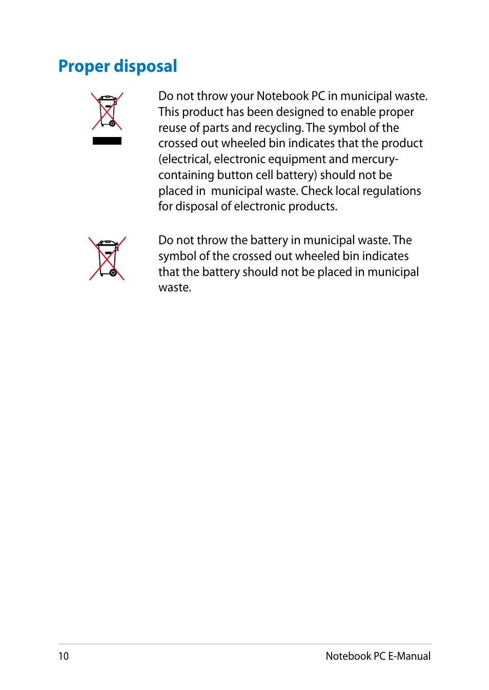 Proper disposal | Asus V301LP User Manual | Page 10 / 126