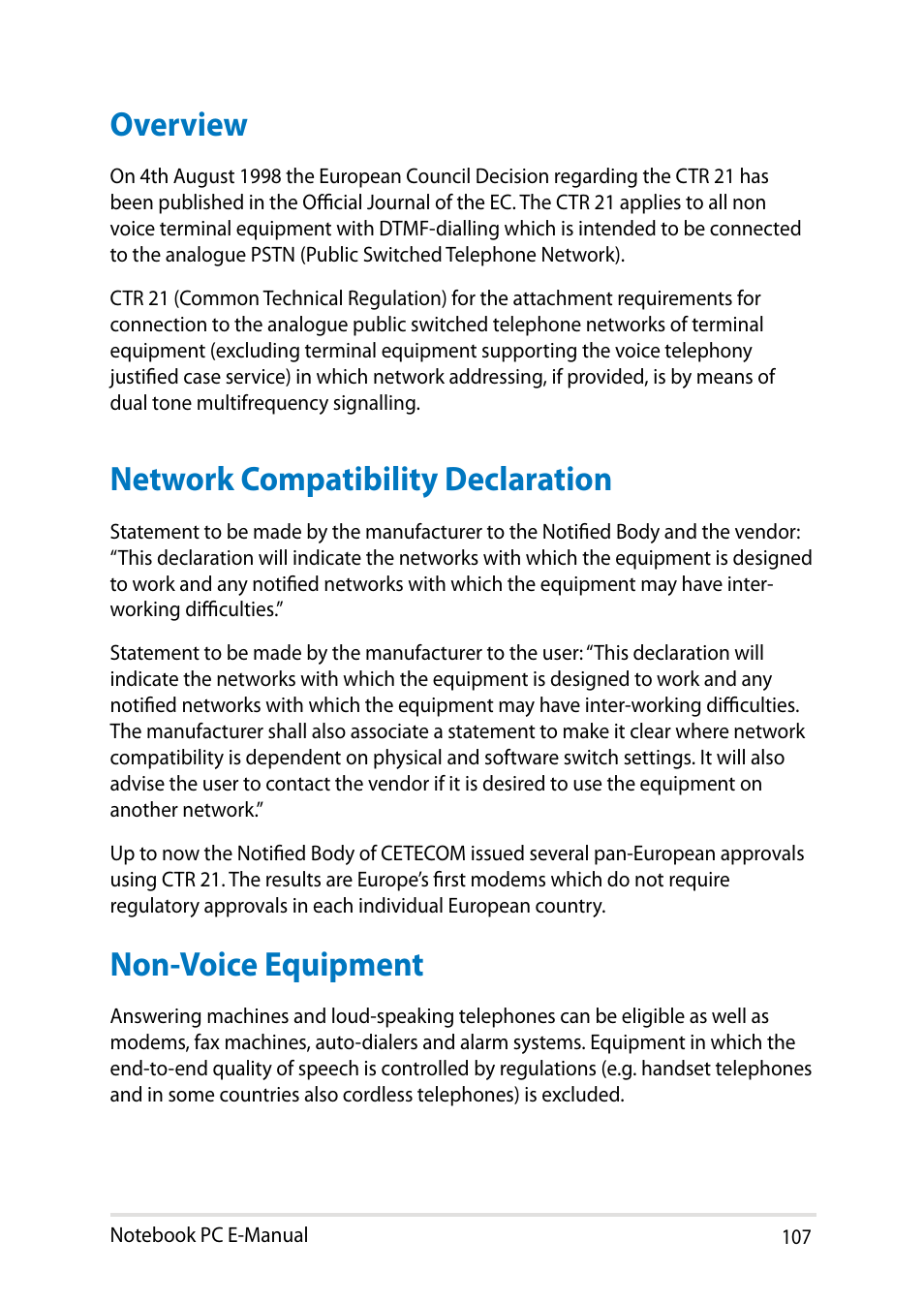 Overview, Network compatibility declaration, Non-voice equipment | Asus V301LP User Manual | Page 107 / 126