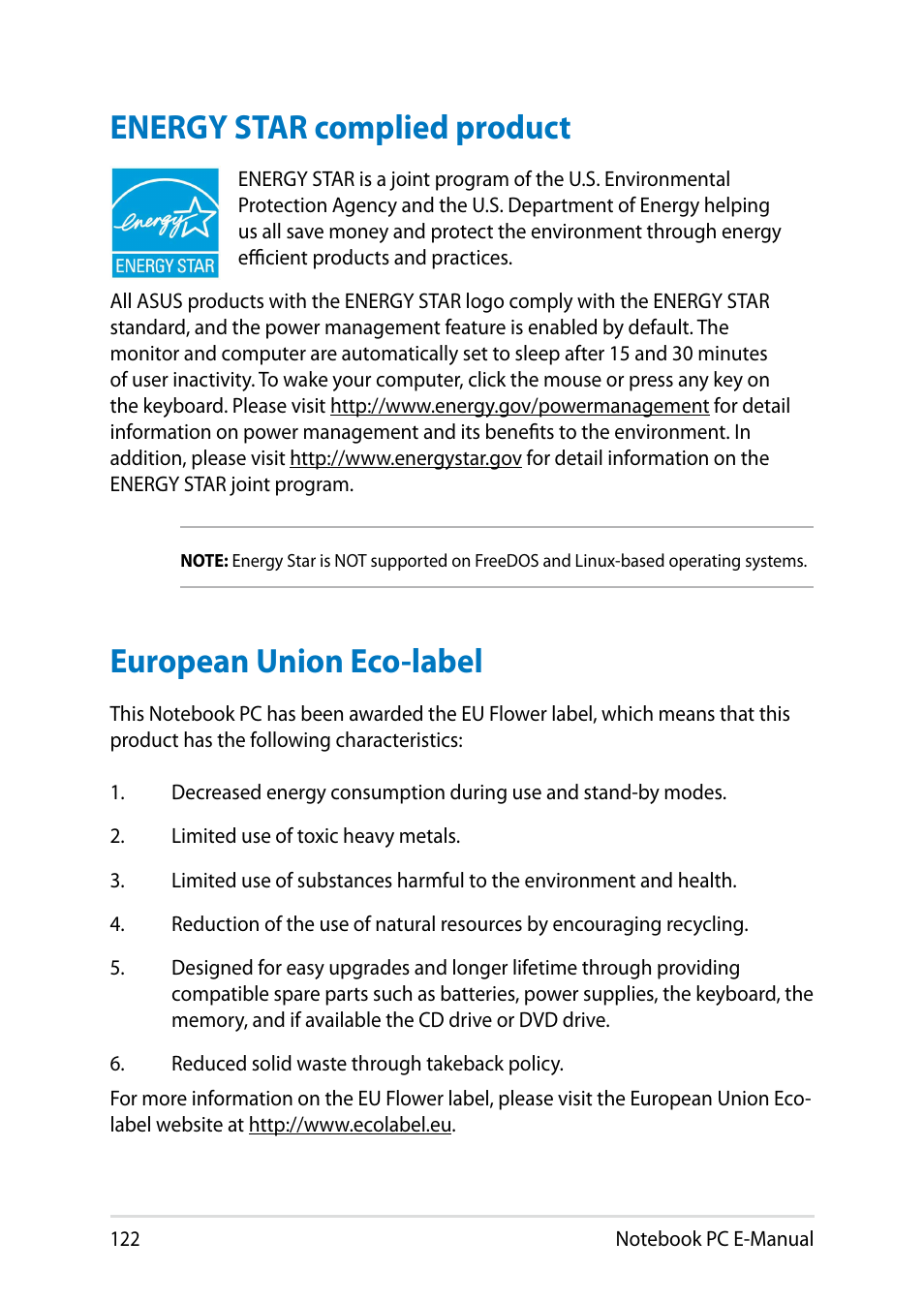 Energy star complied product, European union eco-label | Asus V301LP User Manual | Page 122 / 126