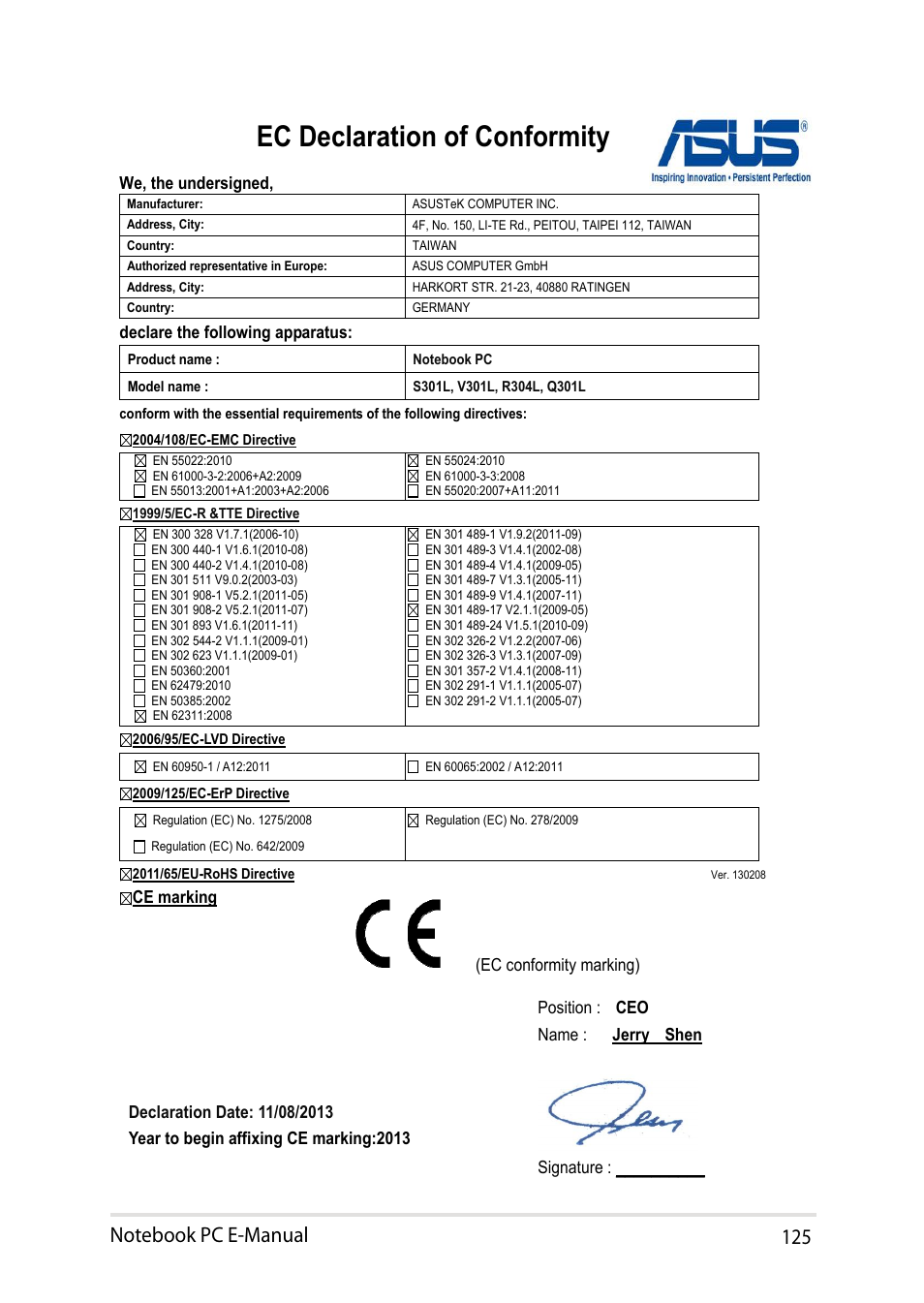 Ec declaration of conformity | Asus V301LP User Manual | Page 125 / 126