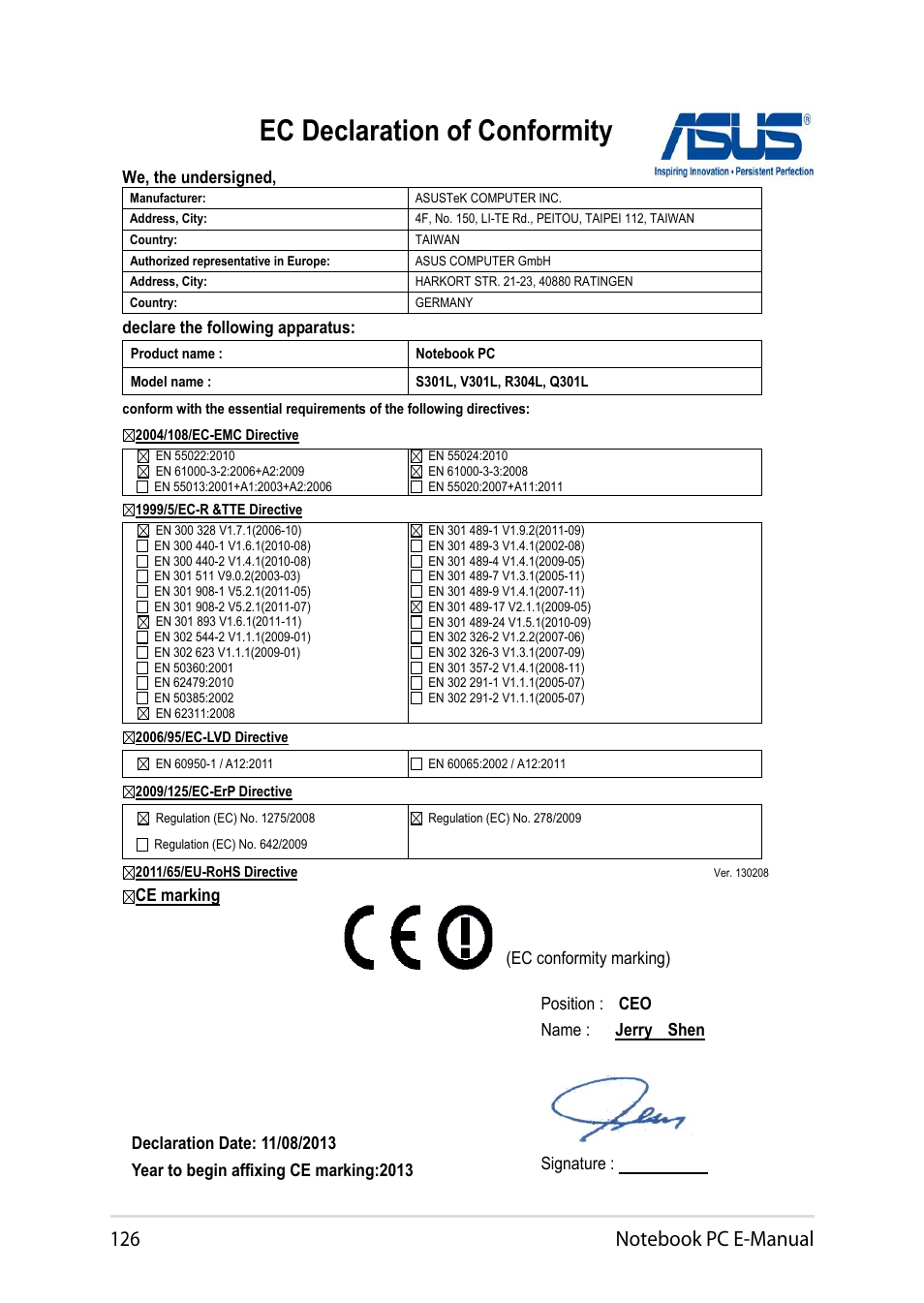 Ec declaration of conformity, We, the undersigned, Declare the following apparatus | Ec conformity marking) | Asus V301LP User Manual | Page 126 / 126