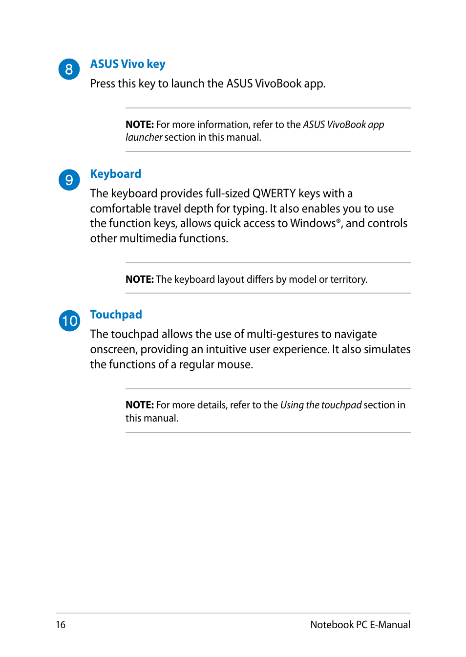 Asus V301LP User Manual | Page 16 / 126