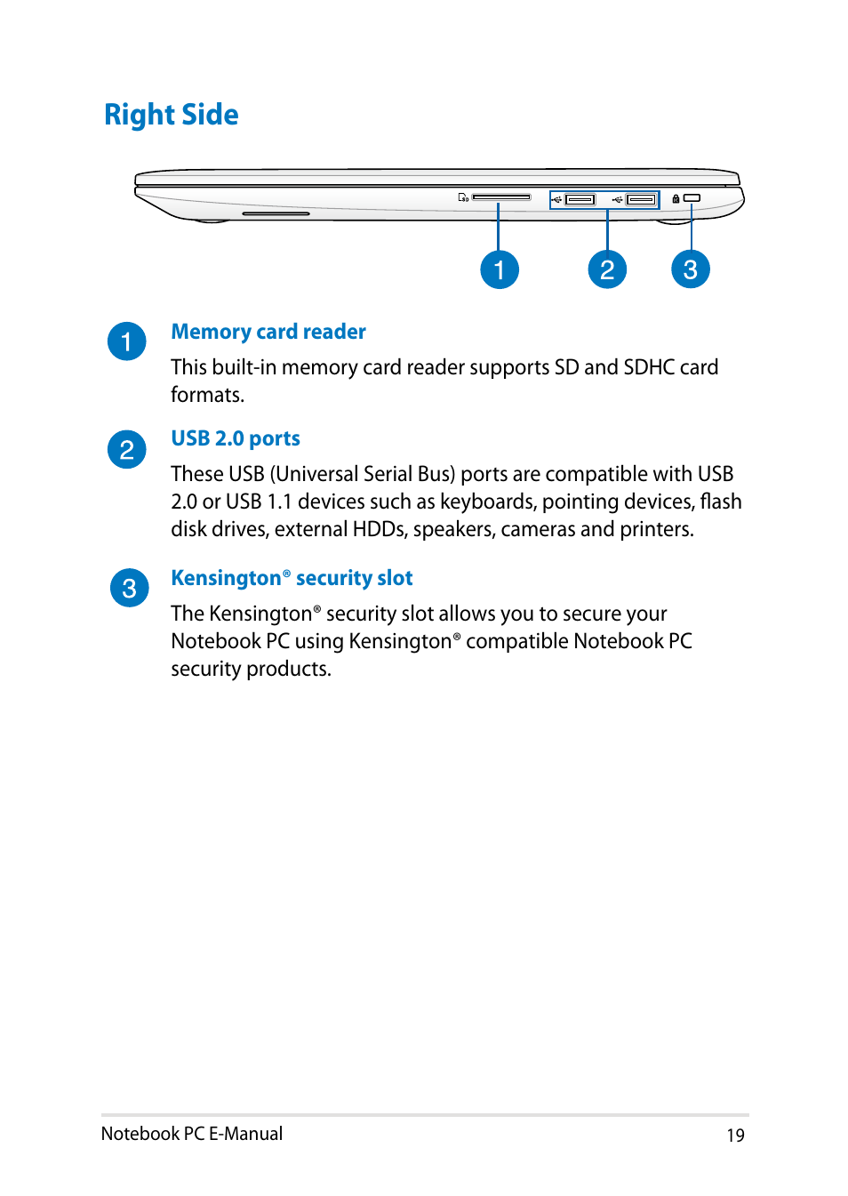 Right side | Asus V301LP User Manual | Page 19 / 126
