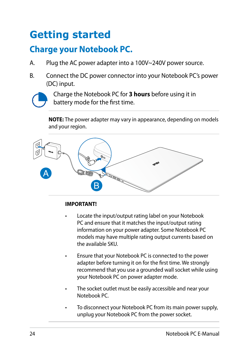 Getting started, Charge your notebook pc | Asus V301LP User Manual | Page 24 / 126