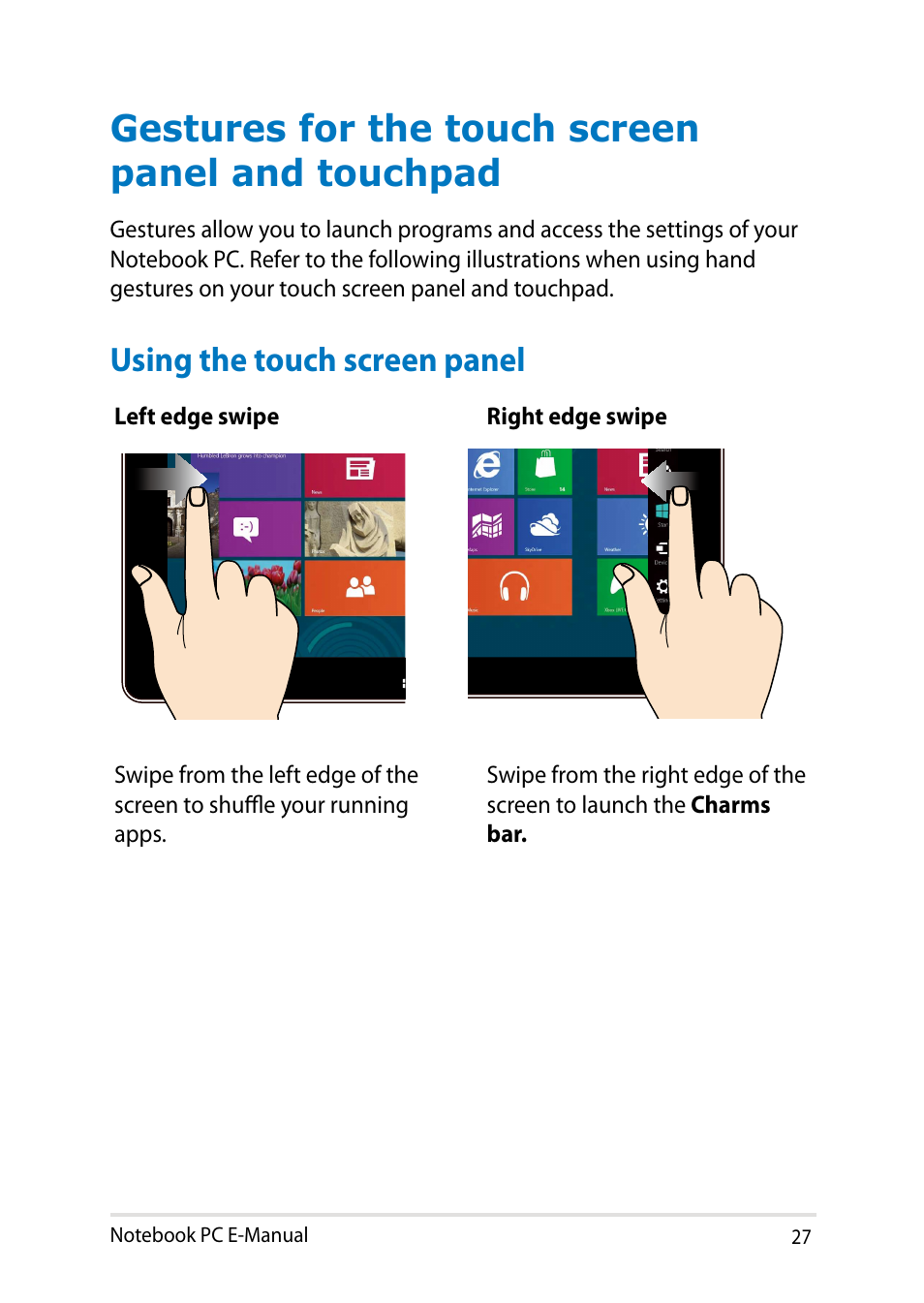 Gestures for the touch screen panel and touchpad, Using the touch screen panel | Asus V301LP User Manual | Page 27 / 126