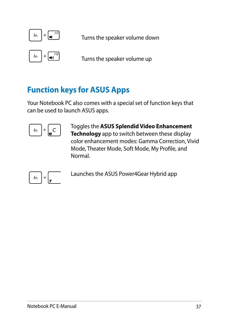 Function keys for asus apps | Asus V301LP User Manual | Page 37 / 126
