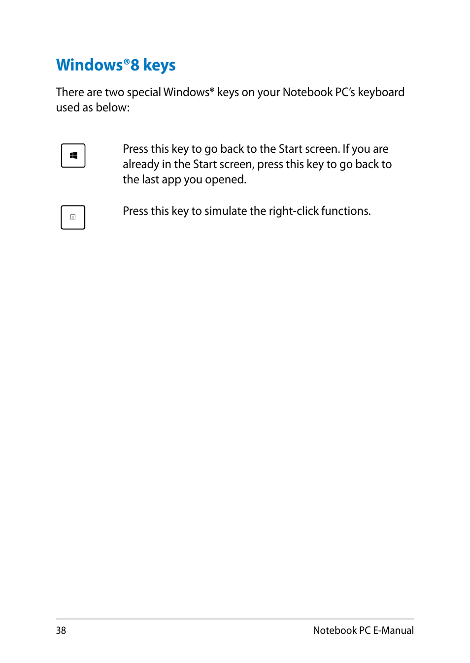 Windows®8 keys | Asus V301LP User Manual | Page 38 / 126