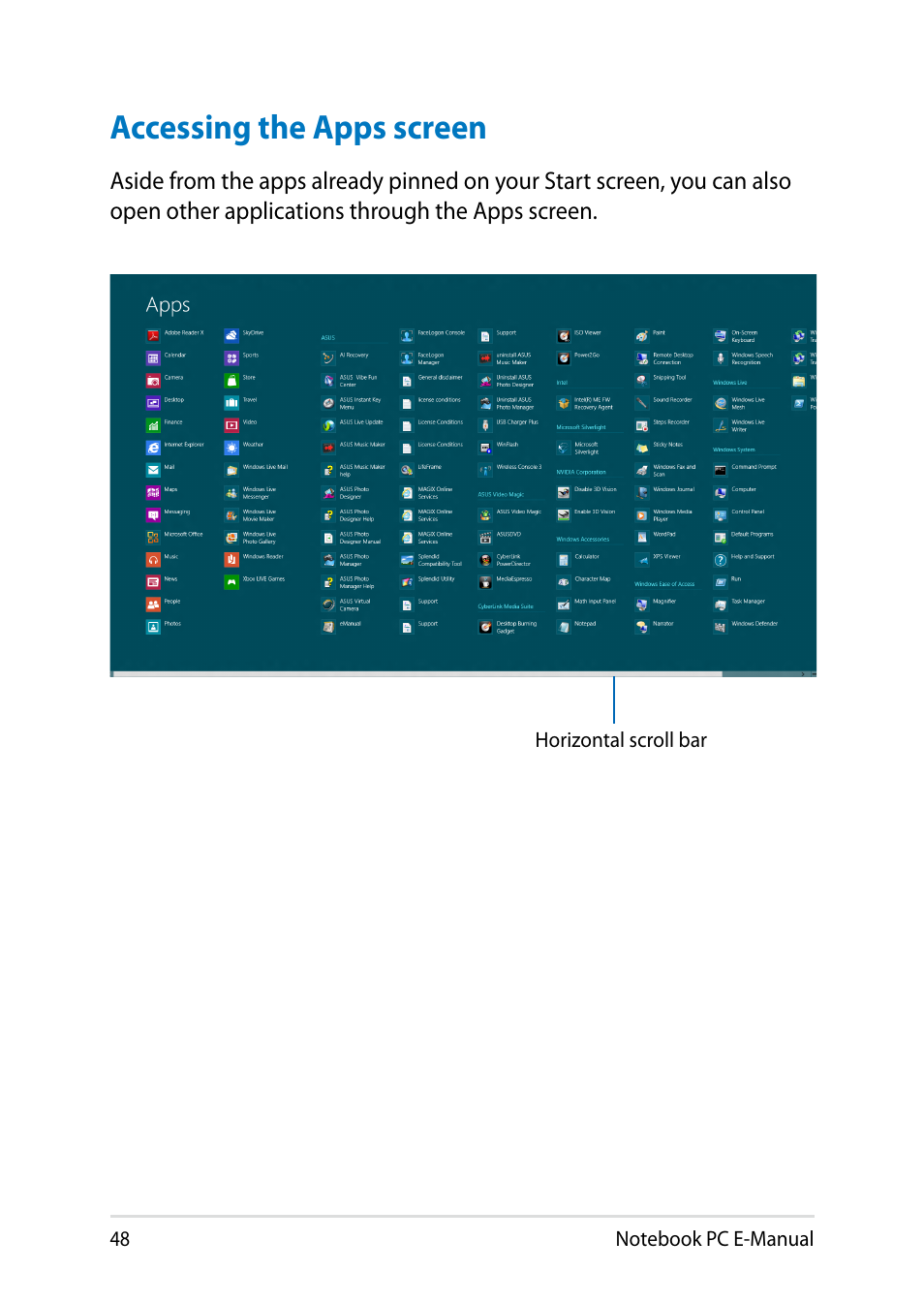 Accessing the apps screen | Asus V301LP User Manual | Page 48 / 126