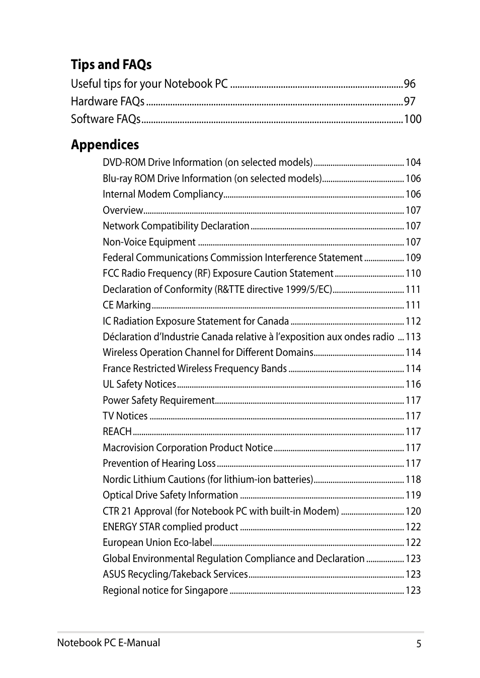 Tips and faqs, Appendices | Asus V301LP User Manual | Page 5 / 126