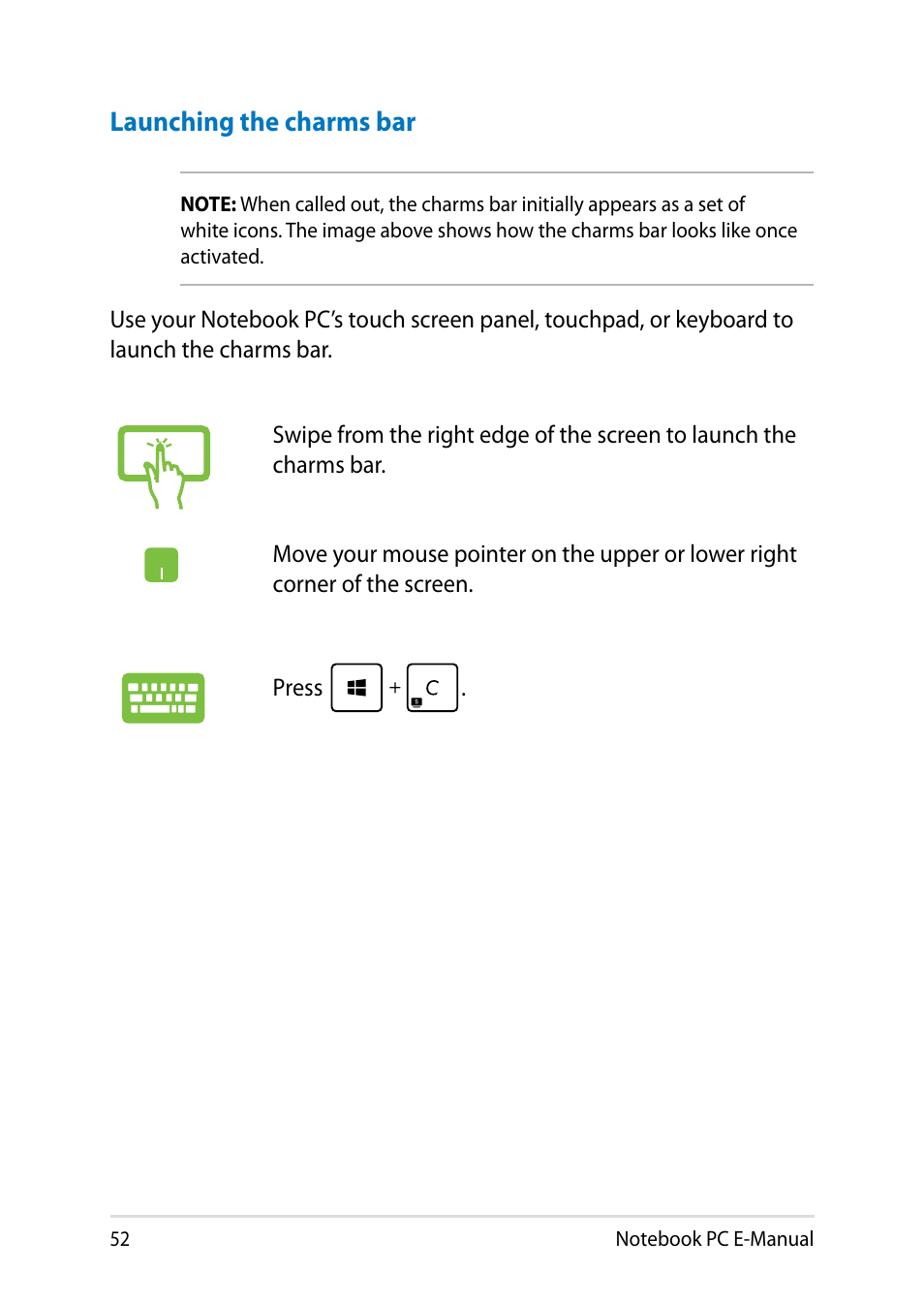 Launching the charms bar | Asus V301LP User Manual | Page 52 / 126