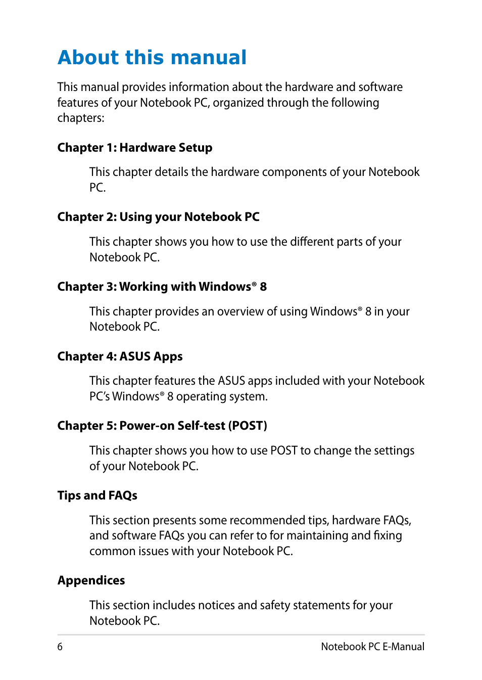 About this manual | Asus V301LP User Manual | Page 6 / 126