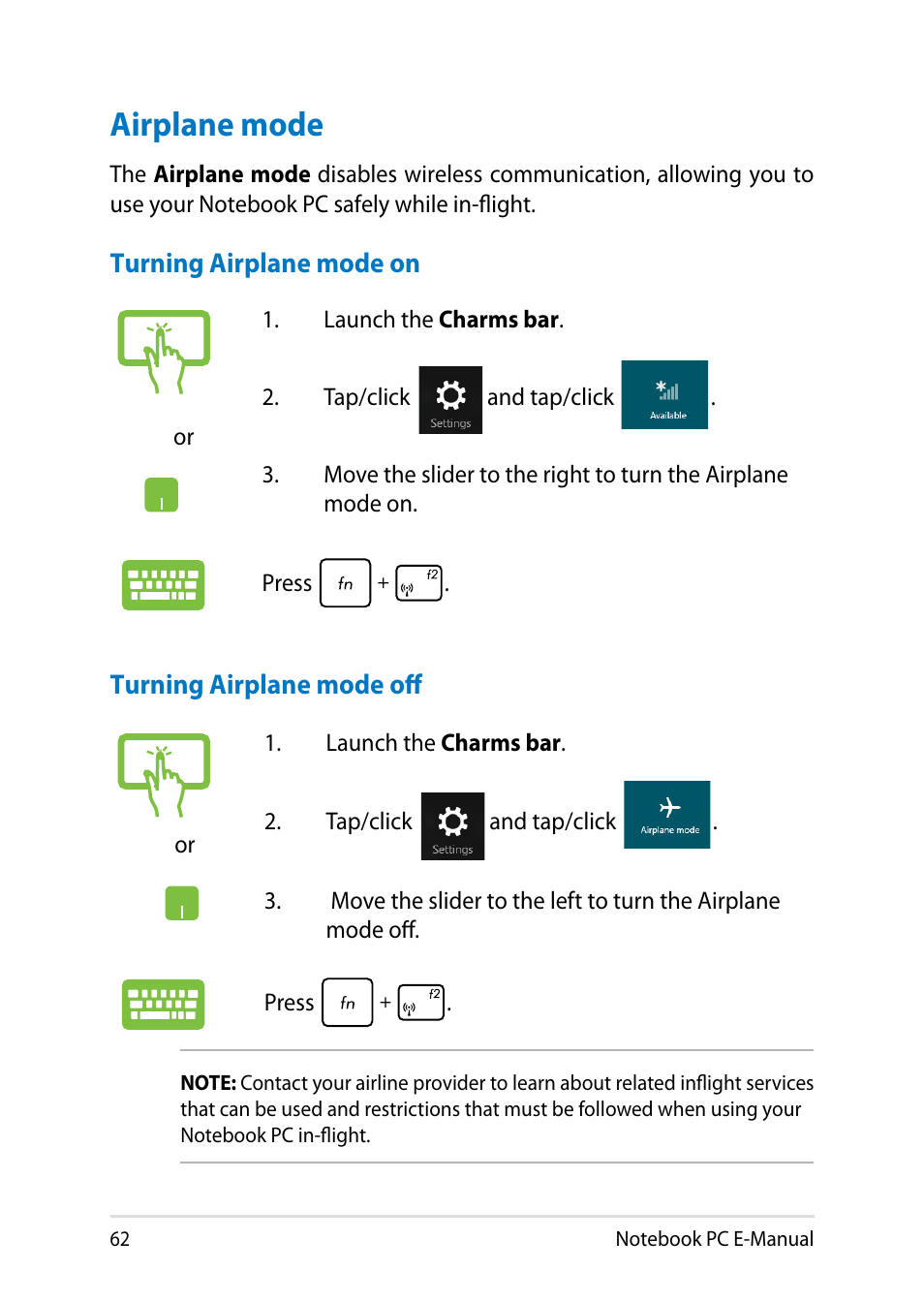 Airplane mode | Asus V301LP User Manual | Page 62 / 126