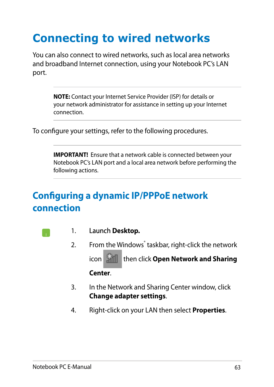 Connecting to wired networks, Configuring a dynamic ip/pppoe network connection | Asus V301LP User Manual | Page 63 / 126