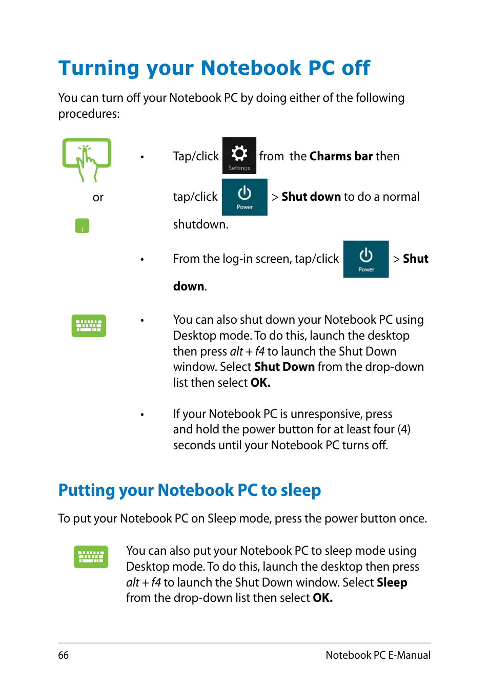 Turning your notebook pc off, Putting your notebook pc to sleep | Asus V301LP User Manual | Page 66 / 126