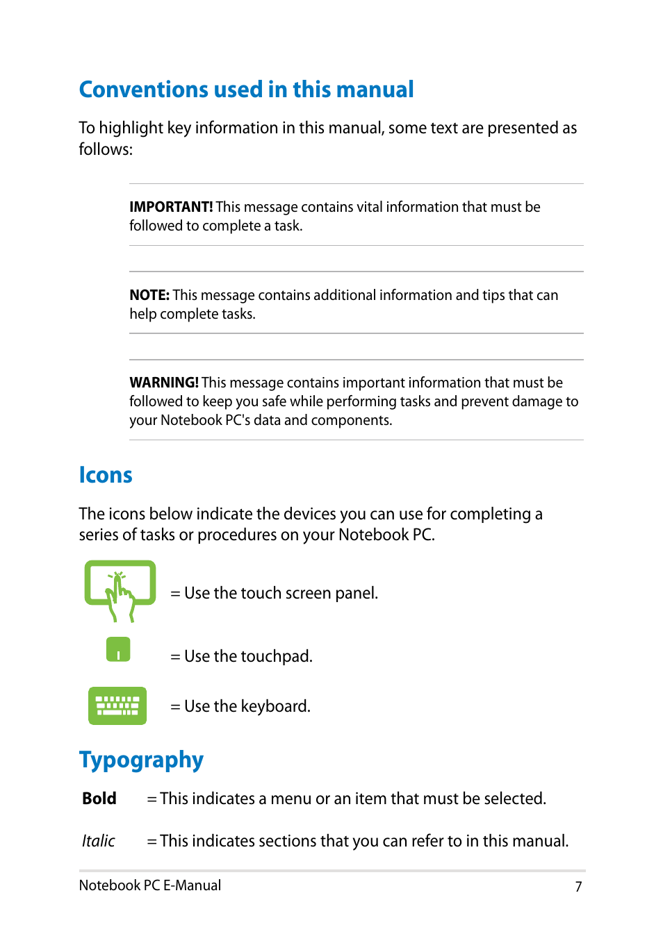 Conventions used in this manual, Icons, Typography | Conventions used in this manual icons typography | Asus V301LP User Manual | Page 7 / 126