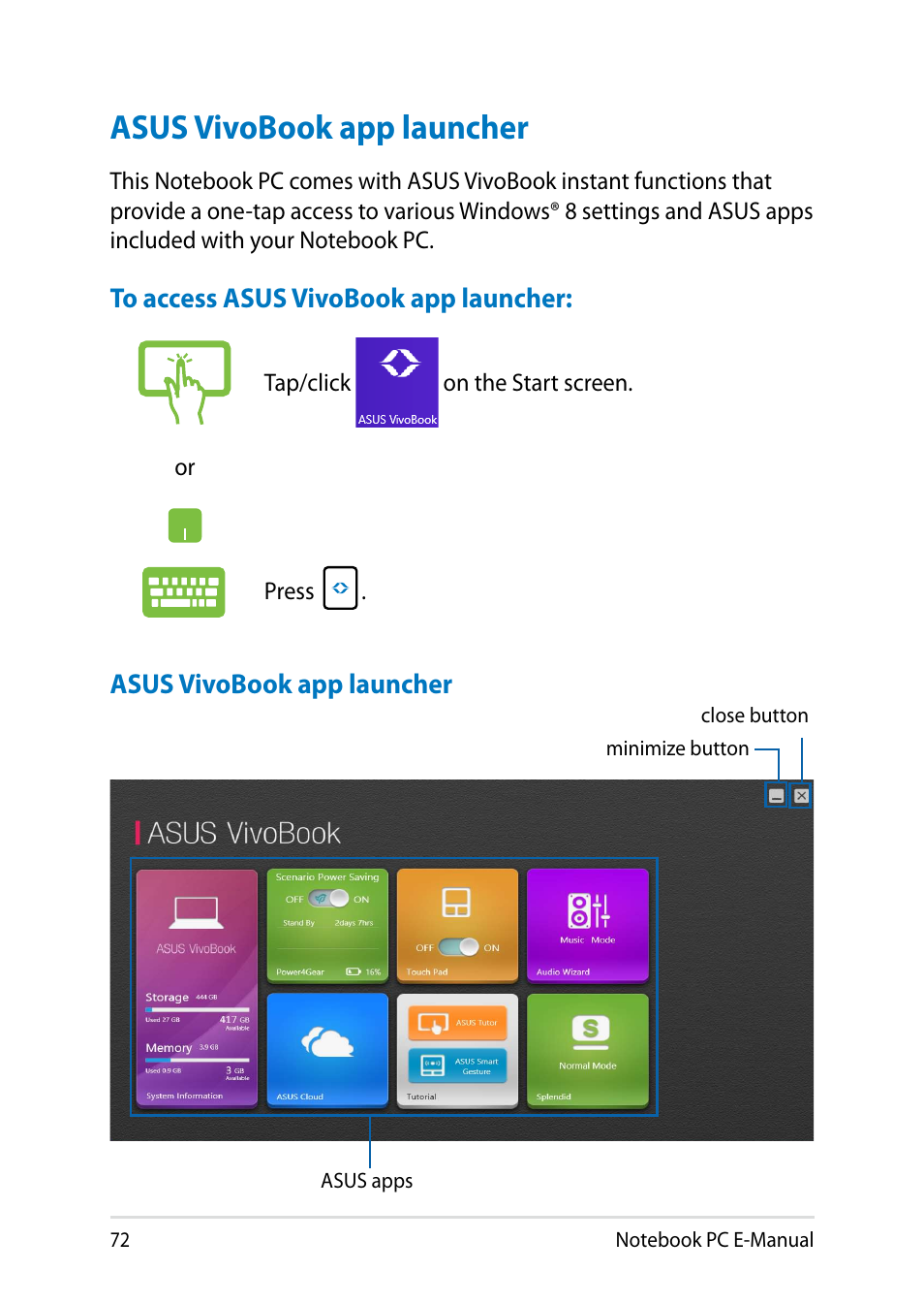 Asus vivobook app launcher | Asus V301LP User Manual | Page 72 / 126