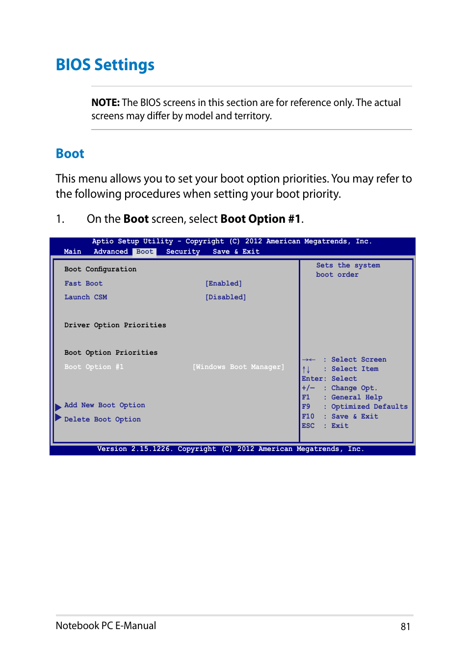 Bios settings, Boot | Asus V301LP User Manual | Page 81 / 126