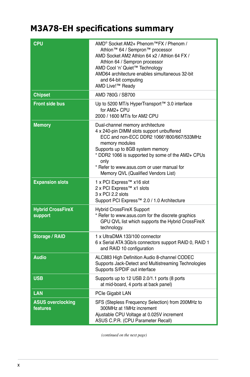 M3a78-eh specifications summary | Asus M3A78-EH User Manual | Page 10 / 98