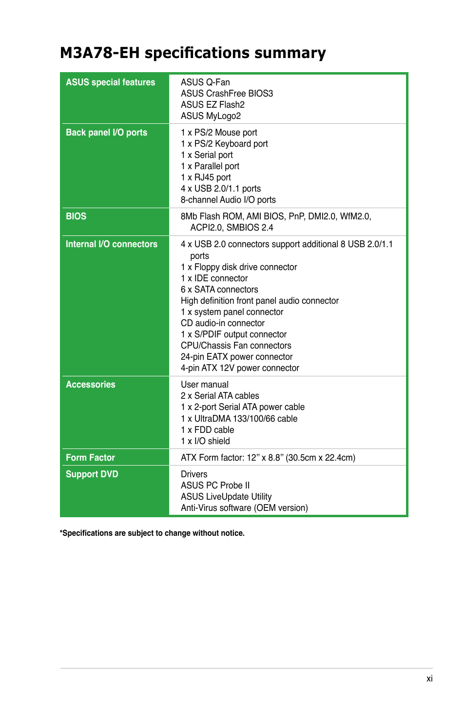 M3a78-eh specifications summary | Asus M3A78-EH User Manual | Page 11 / 98