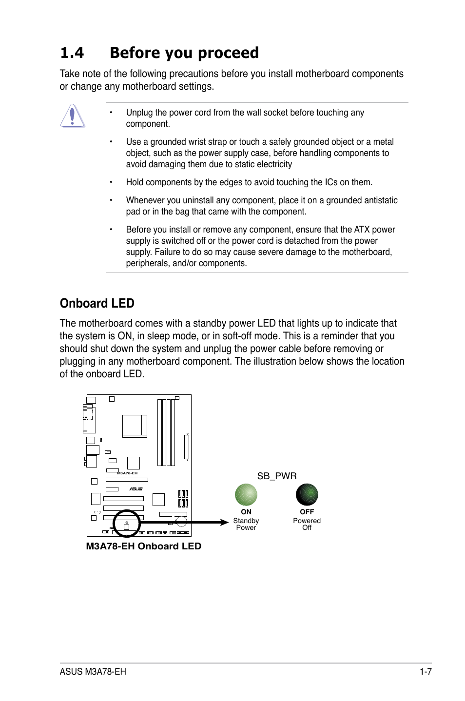 4 before you proceed, Onboard led | Asus M3A78-EH User Manual | Page 19 / 98