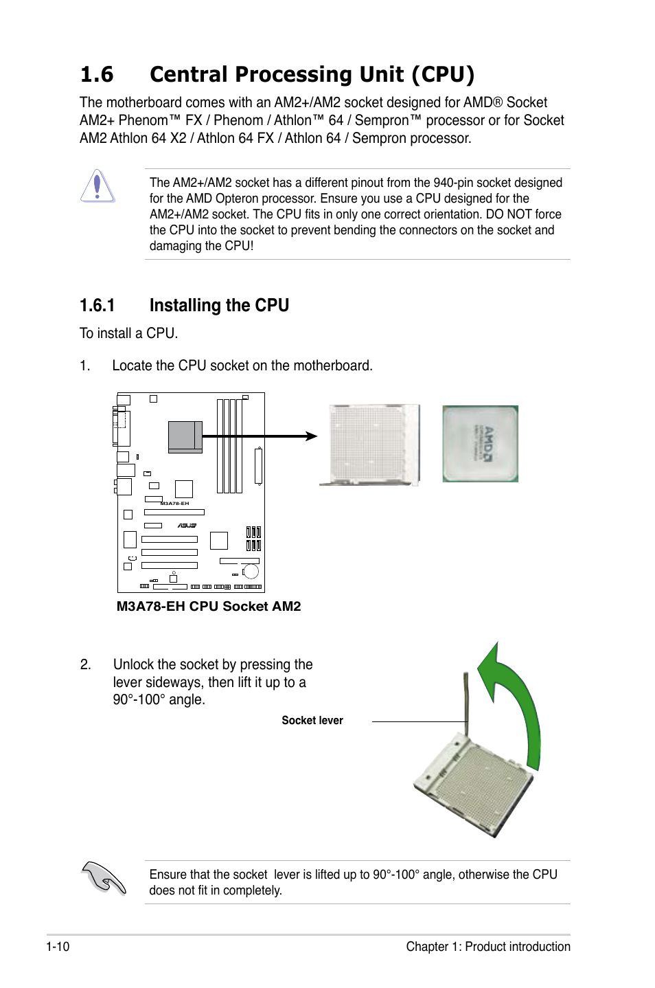 6 central processing unit (cpu), 1 installing the cpu | Asus M3A78-EH User Manual | Page 22 / 98