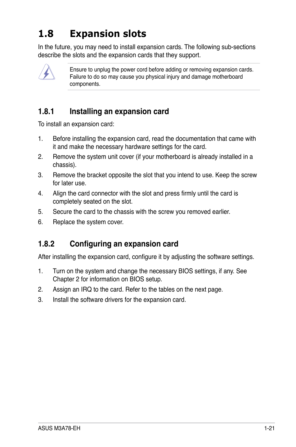 8 expansion slots, 1 installing an expansion card, 2 configuring an expansion card | Asus M3A78-EH User Manual | Page 33 / 98