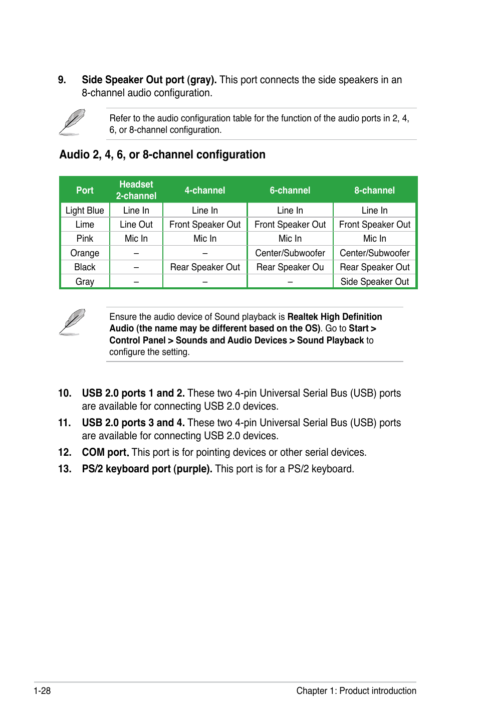 Audio 2, 4, 6, or 8-channel configuration | Asus M3A78-EH User Manual | Page 40 / 98