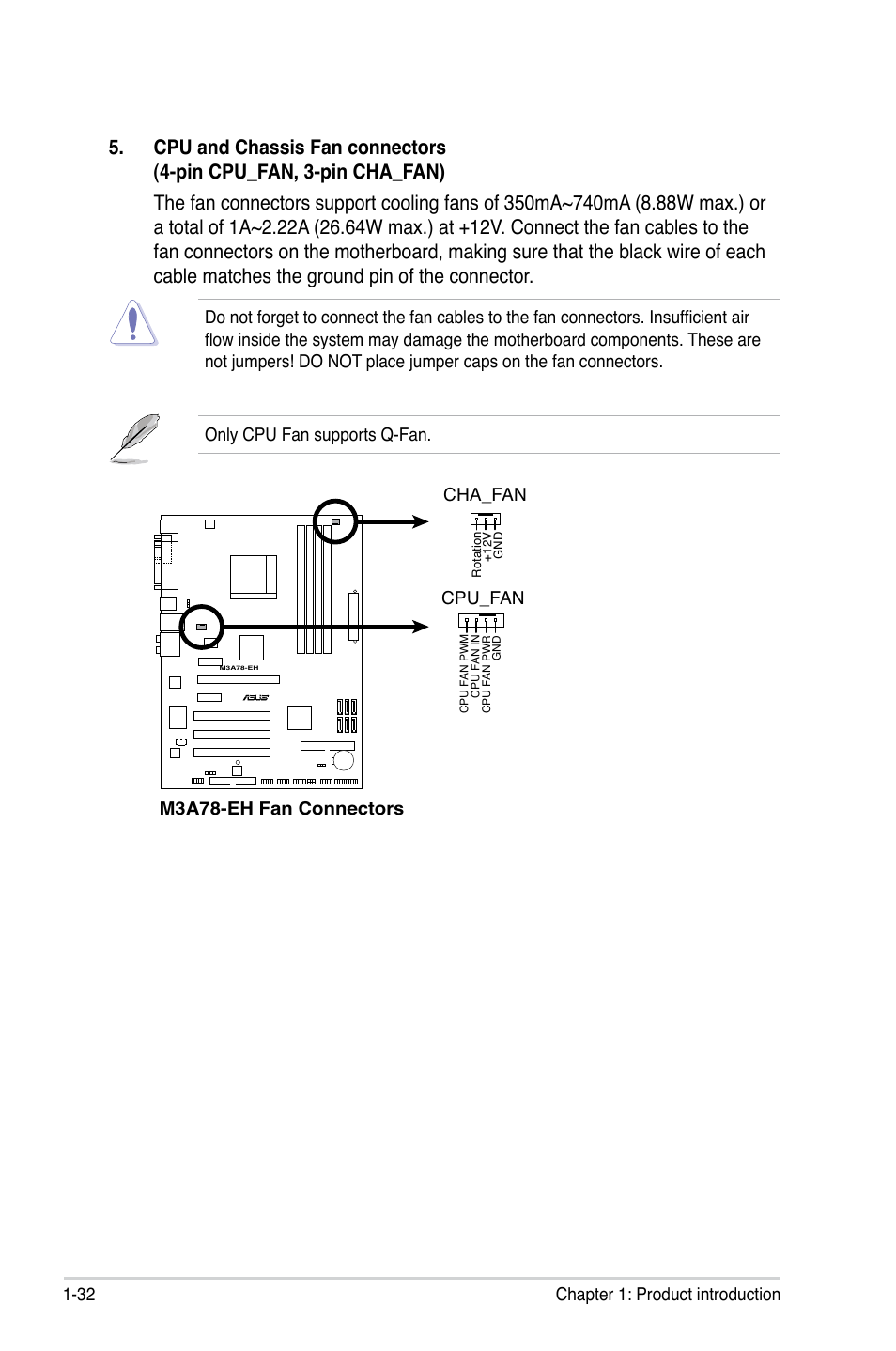 32 chapter 1: product introduction, M3a78-eh fan connectors cpu_fan, Cha_fan | Asus M3A78-EH User Manual | Page 44 / 98