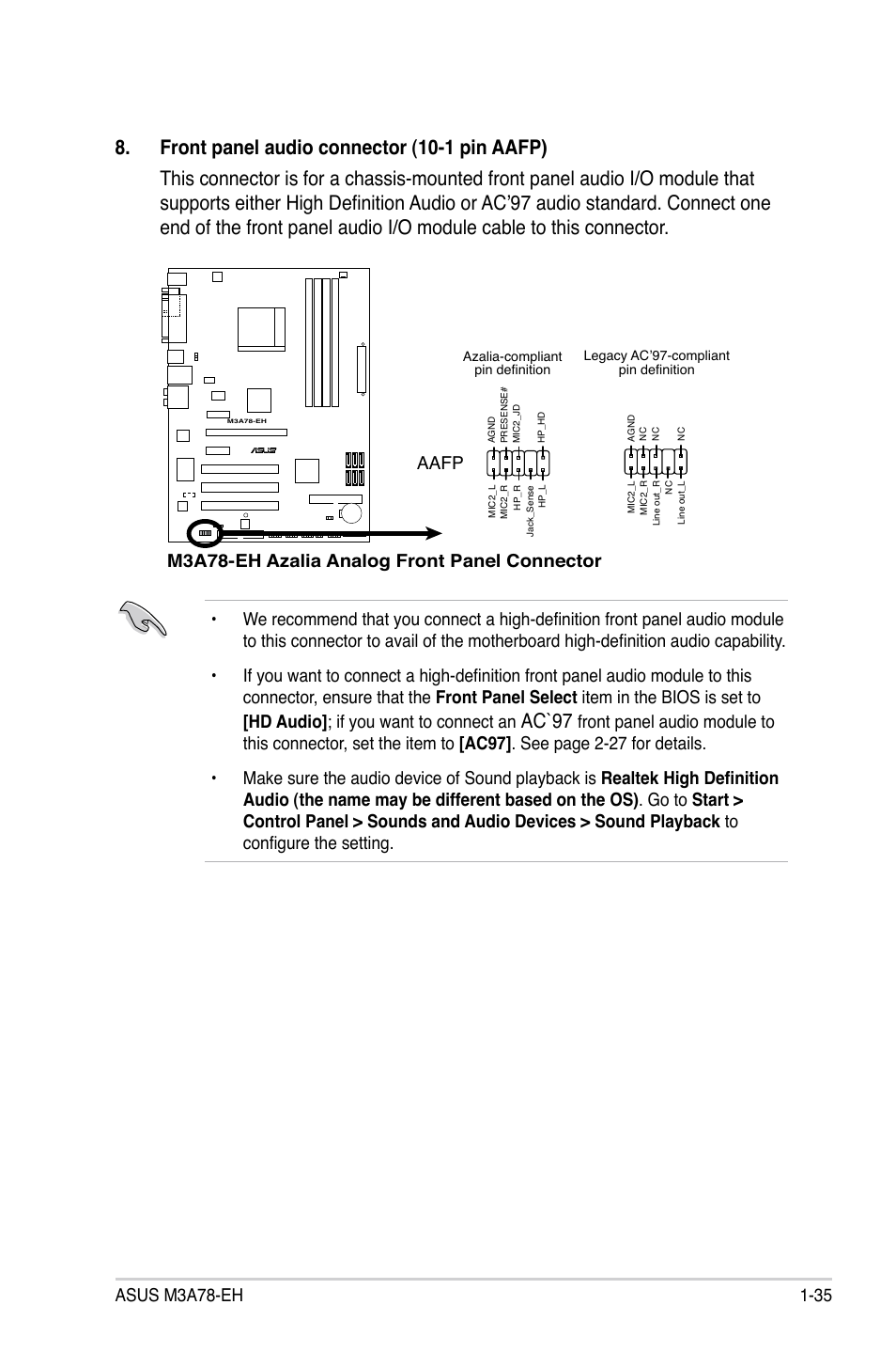 Ac`97, M3a78-eh azalia analog front panel connector, Aafp | Asus M3A78-EH User Manual | Page 47 / 98