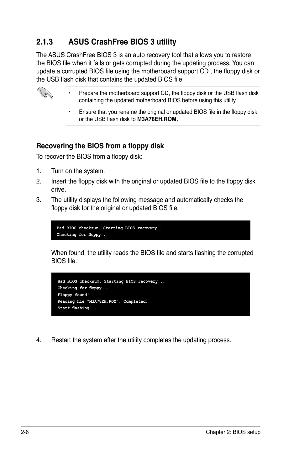 3 asus crashfree bios 3 utility, Recovering the bios from a floppy disk | Asus M3A78-EH User Manual | Page 56 / 98