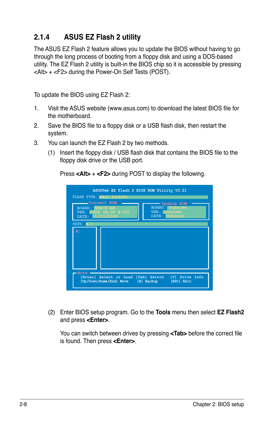 4 asus ez flash 2 utility | Asus M3A78-EH User Manual | Page 58 / 98