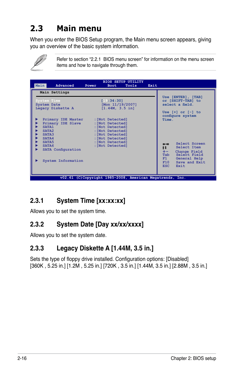 3 main menu, 1 system time [xx:xx:xx, Allows you to set the system time | Allows you to set the system date | Asus M3A78-EH User Manual | Page 66 / 98