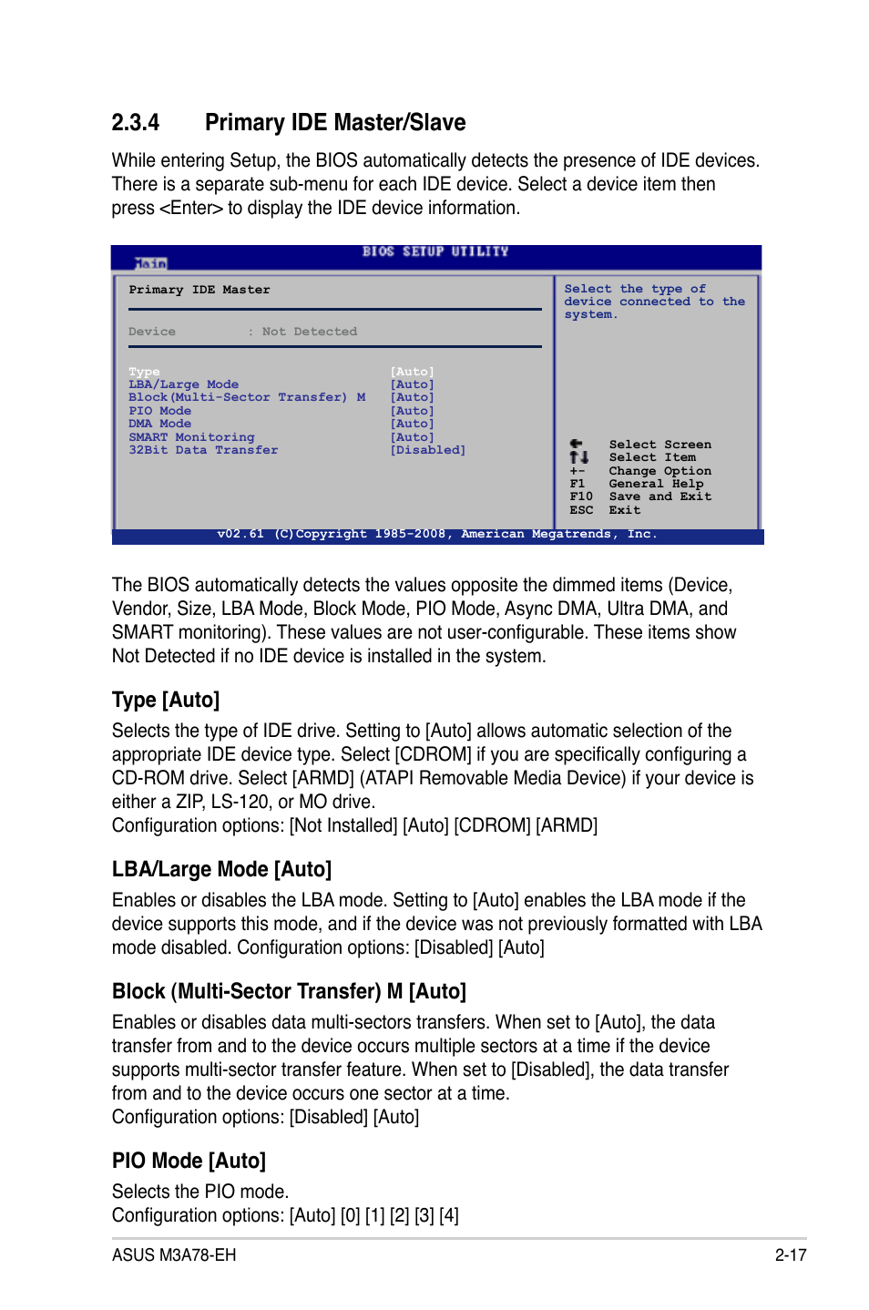 4 primary ide master/slave, Type [auto, Lba/large mode [auto | Block (multi-sector transfer) m [auto, Pio mode [auto | Asus M3A78-EH User Manual | Page 67 / 98