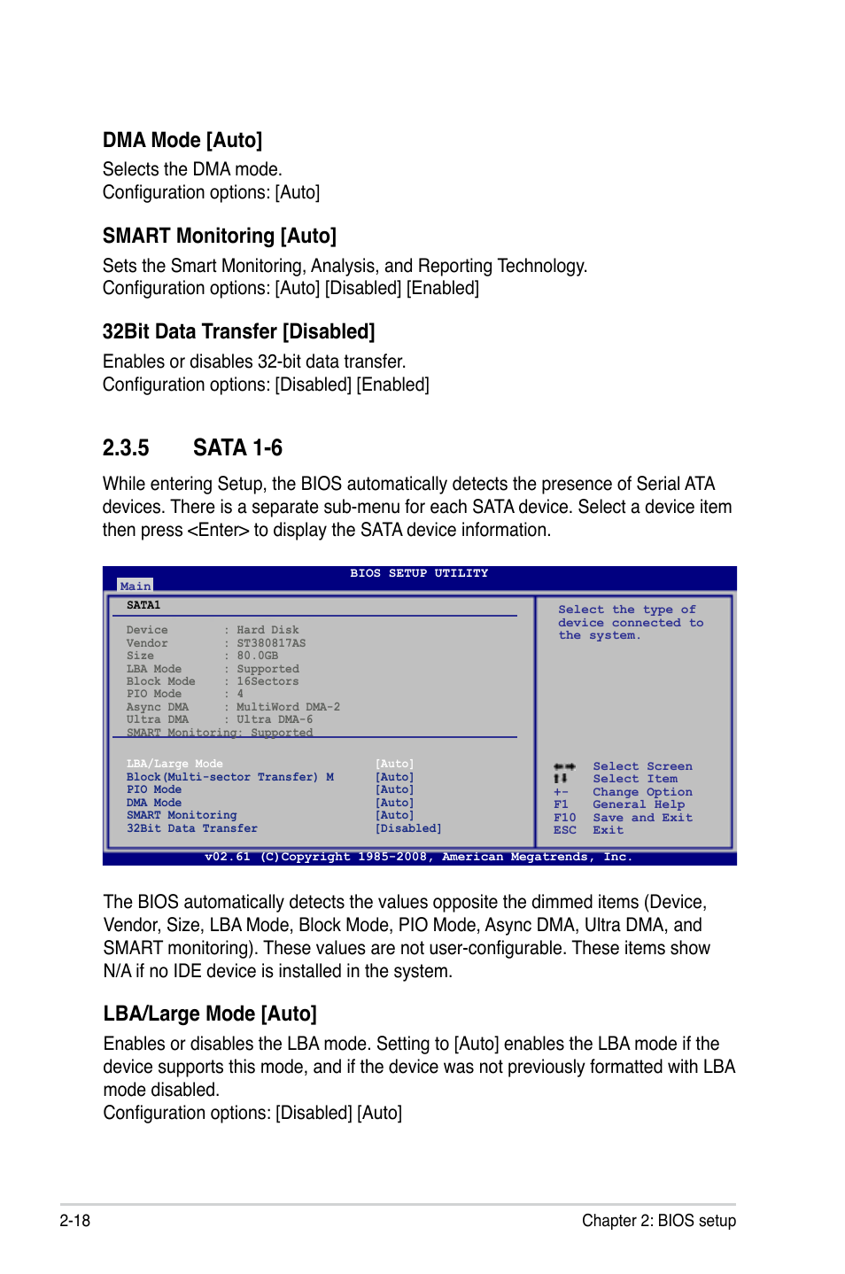 5 sata 1-6, Dma mode [auto, Smart monitoring [auto | 32bit data transfer [disabled, Lba/large mode [auto, Selects the dma mode. configuration options: [auto | Asus M3A78-EH User Manual | Page 68 / 98