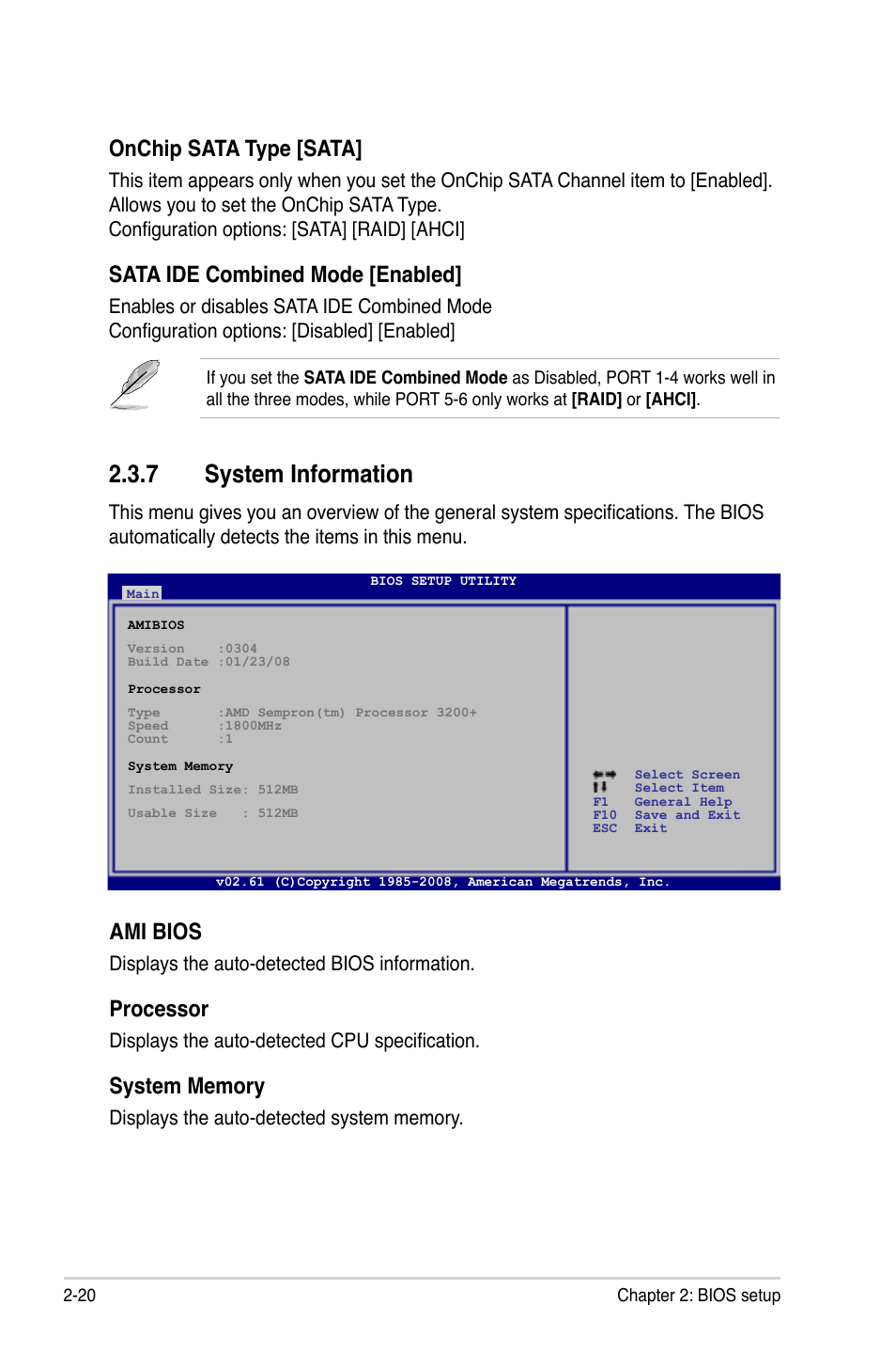 7 system information, Onchip sata type [sata, Sata ide combined mode [enabled | Ami bios, Processor | Asus M3A78-EH User Manual | Page 70 / 98