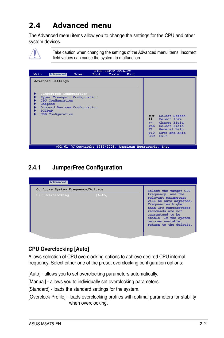 4 advanced menu, 1 jumperfree configuration, Cpu overclocking [auto | Asus M3A78-EH User Manual | Page 71 / 98