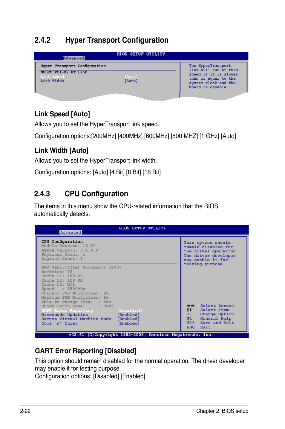 3 cpu configuration, 2 hyper transport configuration, Gart error reporting [disabled | Link speed [auto, Link width [auto | Asus M3A78-EH User Manual | Page 72 / 98
