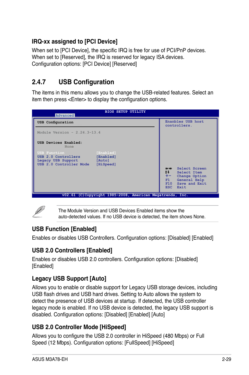 7 usb configuration, Irq-xx assigned to [pci device, Usb function [enabled | Usb 2.0 controllers [enabled, Legacy usb support [auto, Usb 2.0 controller mode [hispeed | Asus M3A78-EH User Manual | Page 79 / 98
