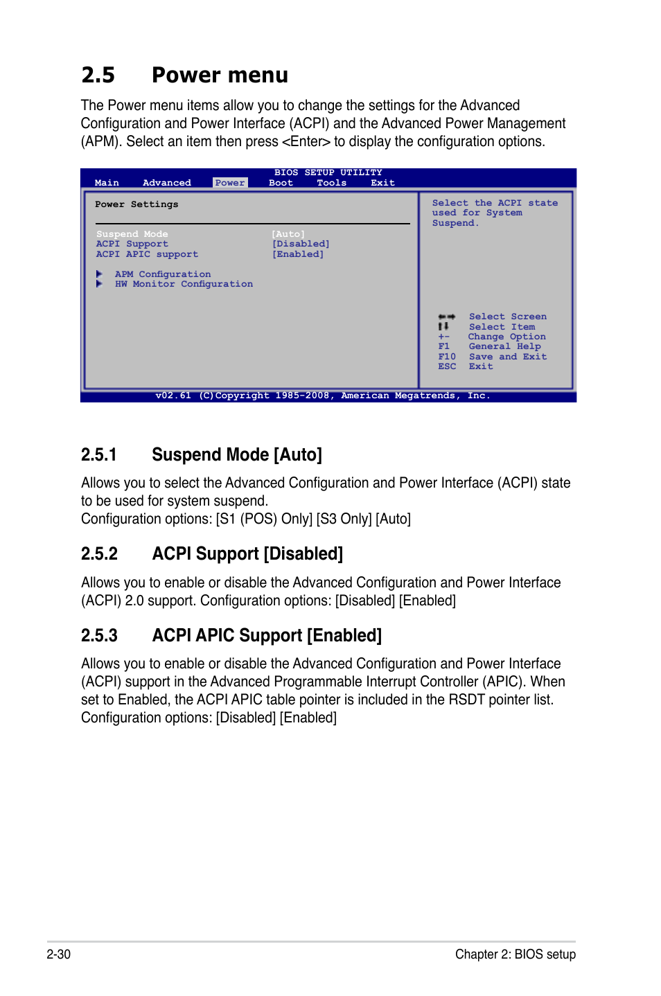 5 power menu, 1 suspend mode [auto, 2 acpi support [disabled | 3 acpi apic support [enabled | Asus M3A78-EH User Manual | Page 80 / 98