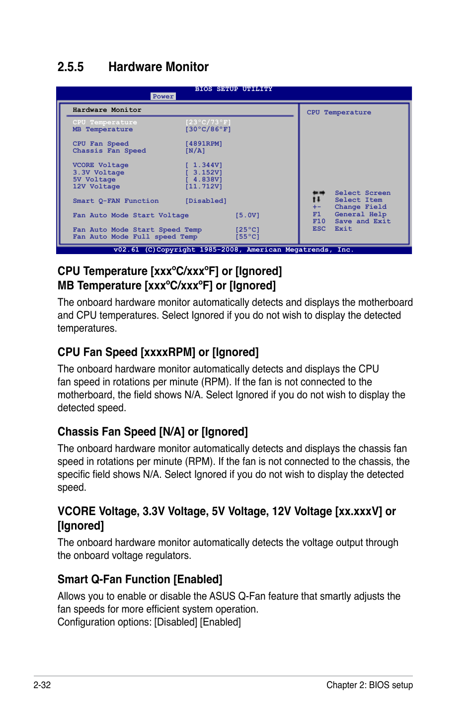 5 hardware monitor, Chassis fan speed [n/a] or [ignored, Smart q-fan function [enabled | Asus M3A78-EH User Manual | Page 82 / 98