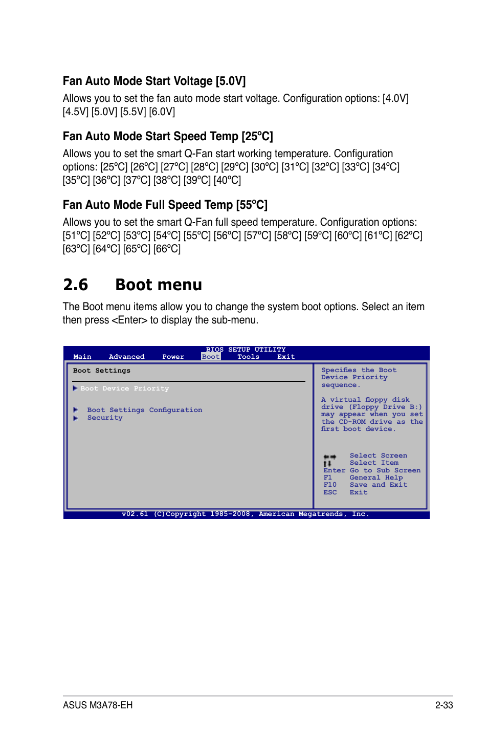 6 boot menu, Fan auto mode start voltage [5.0v, Fan auto mode start speed temp [25ºc | Fan auto mode full speed temp [55ºc | Asus M3A78-EH User Manual | Page 83 / 98