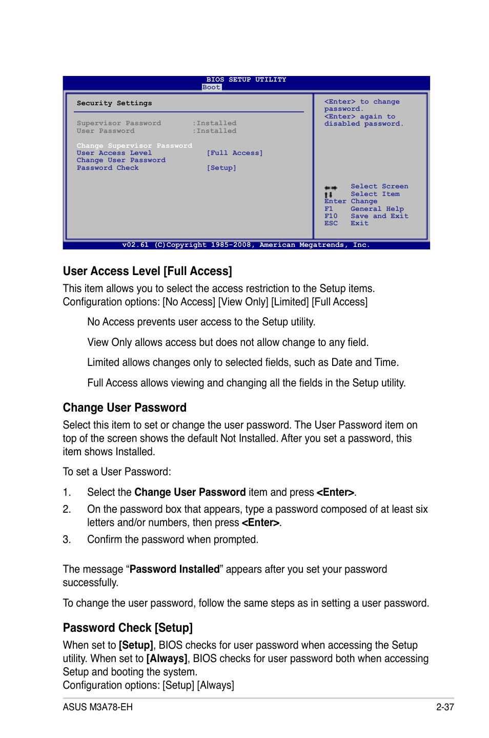 User access level [full access, Change user password, Password check [setup | Asus M3A78-EH User Manual | Page 87 / 98