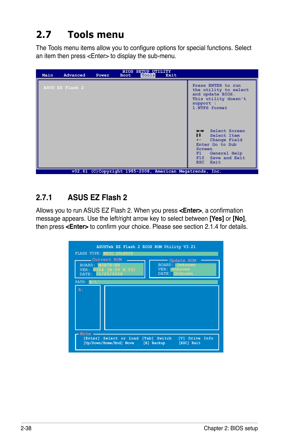7 tools menu, 1 asus ez flash 2 | Asus M3A78-EH User Manual | Page 88 / 98