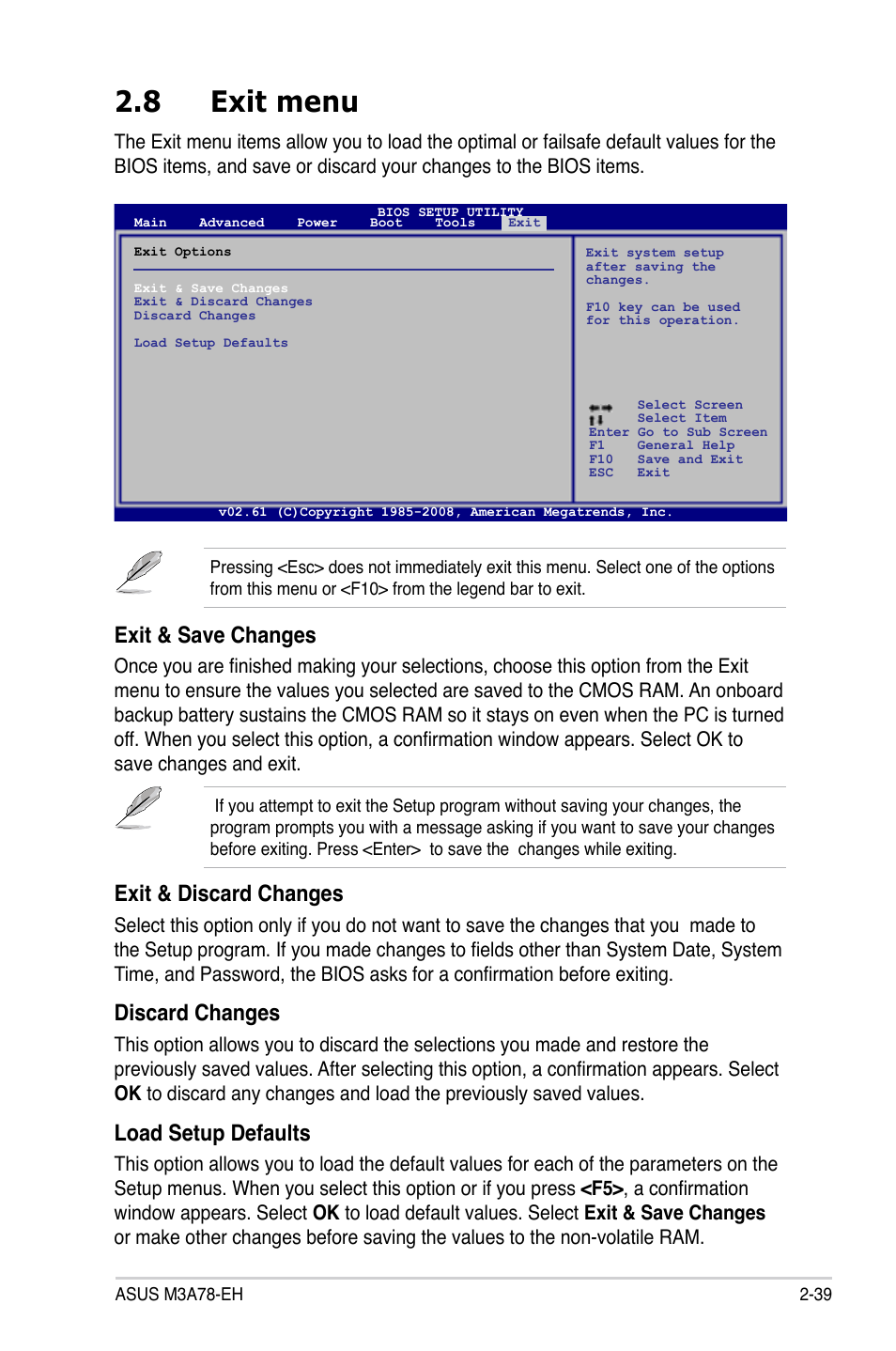 8 exit menu, Exit & save changes, Exit & discard changes | Discard changes, Load setup defaults | Asus M3A78-EH User Manual | Page 89 / 98