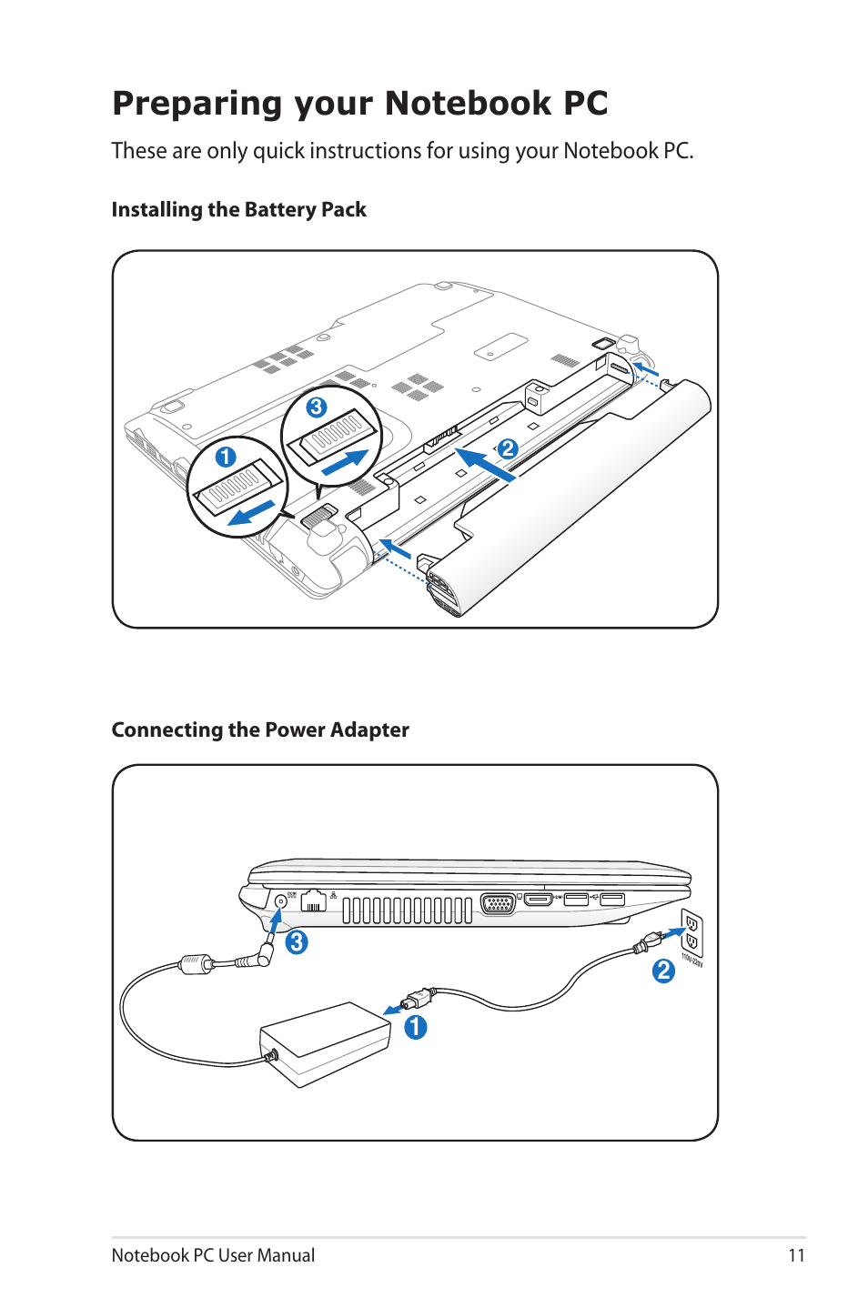 Preparing your notebook pc | Asus R400N User Manual | Page 11 / 116