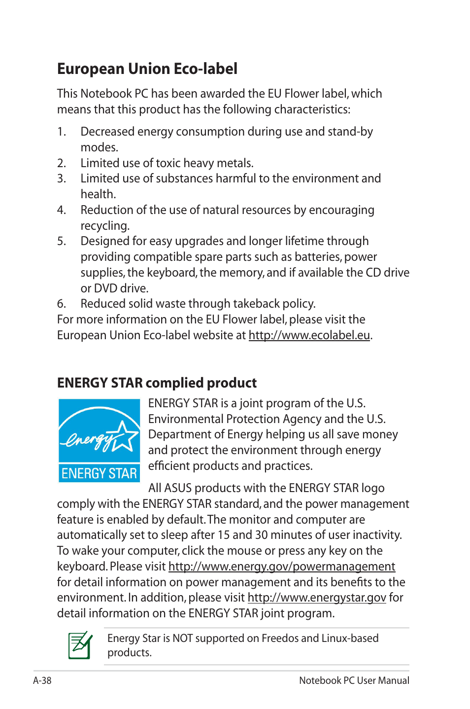 European union eco-label, Energy star complied product | Asus R400N User Manual | Page 112 / 116