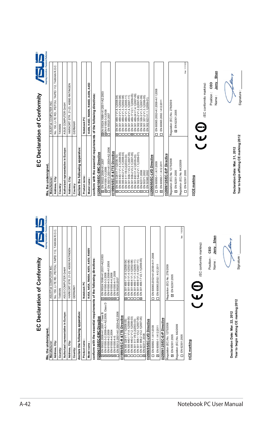 Ec declaration of conformity | Asus R400N User Manual | Page 116 / 116