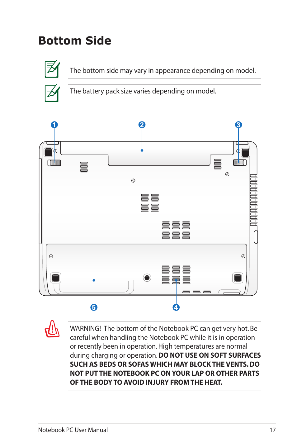 Bottom side | Asus R400N User Manual | Page 17 / 116